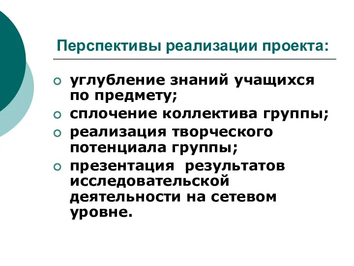 Перспективы реализации проекта: углубление знаний учащихся по предмету; сплочение коллектива