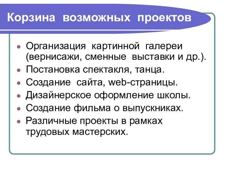 Корзина возможных проектов Организация картинной галереи (вернисажи, сменные выставки и