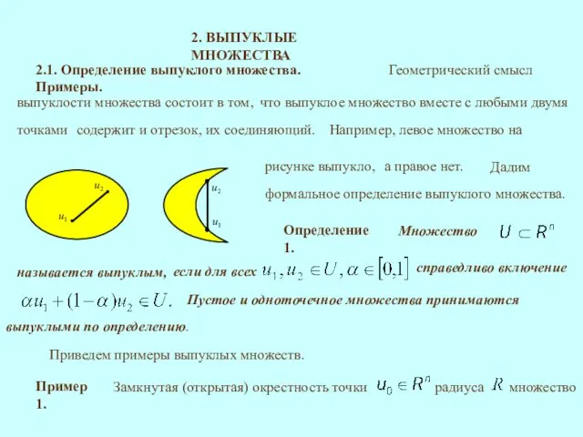 2. ВЫПУКЛЫЕ МНОЖЕСТВА 2.1. Определение выпуклого множества. Примеры. называется выпуклым,