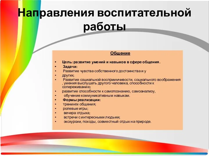 Направления воспитательной работы Общение Цель: развитие умений и навыков в