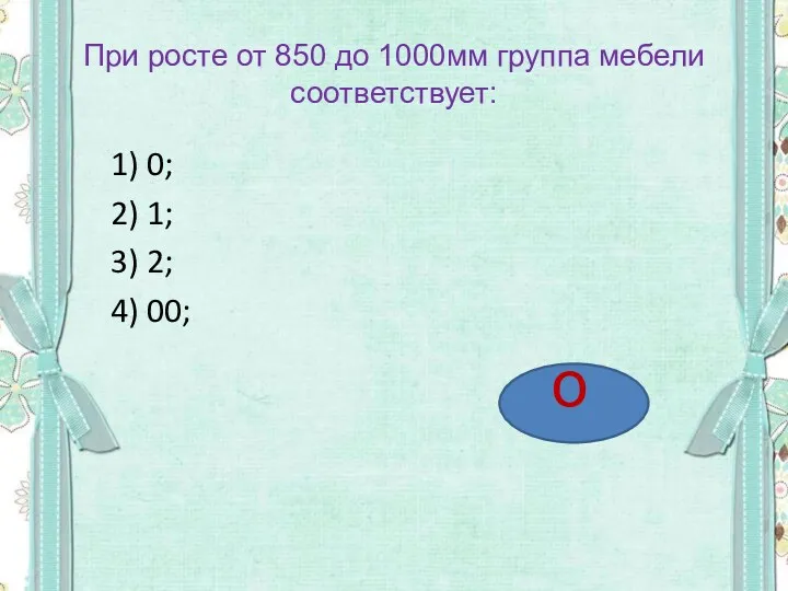 При росте от 850 до 1000мм группа мебели соответствует: 1)