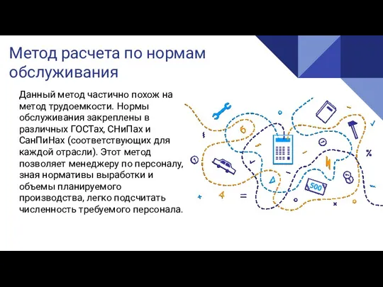 Метод расчета по нормам обслуживания Данный метод частично похож на метод трудоемкости. Нормы