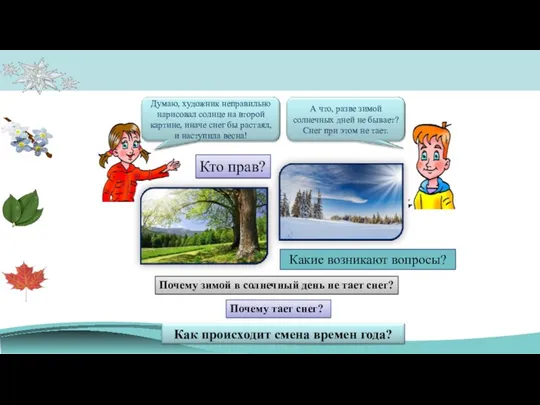 Какие возникают вопросы? Кто прав? Почему зимой в солнечный день не тает снег? Почему тает снег?