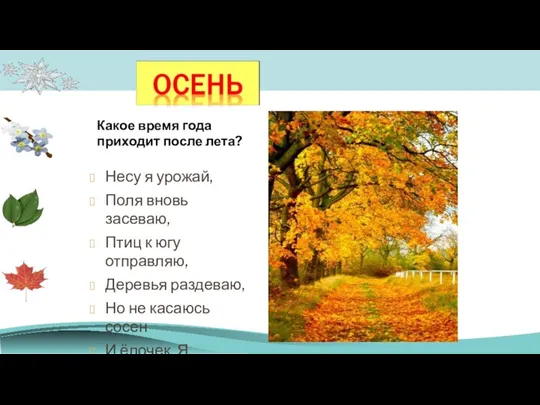 Несу я урожай, Поля вновь засеваю, Птиц к югу отправляю, Деревья раздеваю, Но