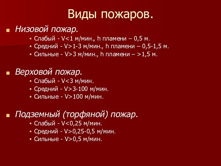 Виды пожаров. Низовой пожар. Слабый - V Средний - V>1-3