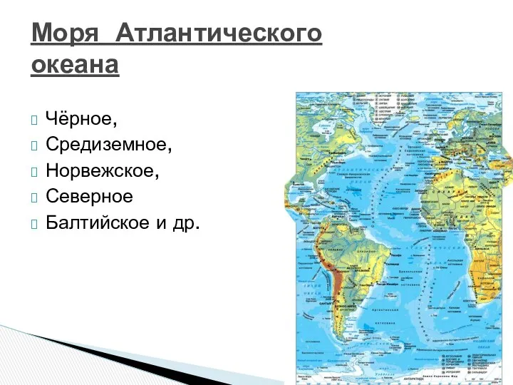 Чёрное, Средиземное, Норвежское, Северное Балтийское и др. Моря Атлантического океана