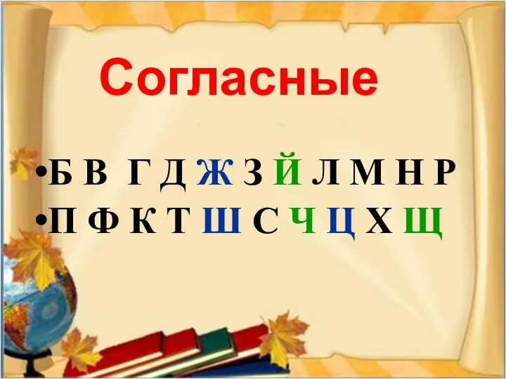 Согласные Б В Г Д Ж З Й Л М Н Р П