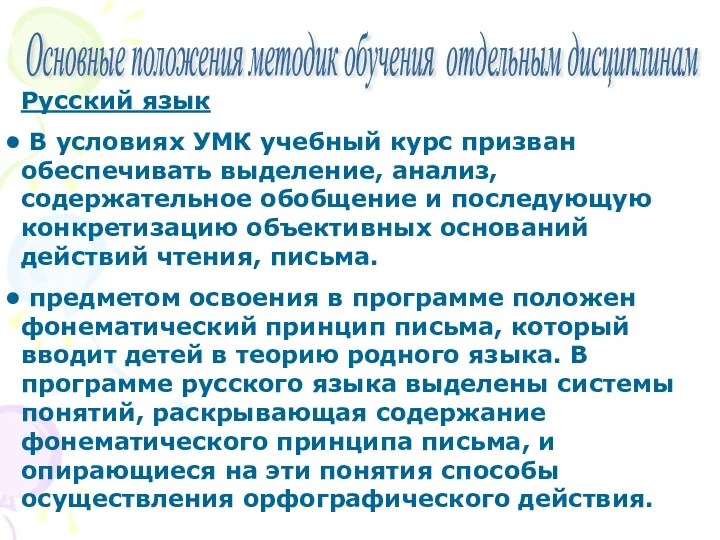 Основные положения методик обучения отдельным дисциплинам Русский язык В условиях