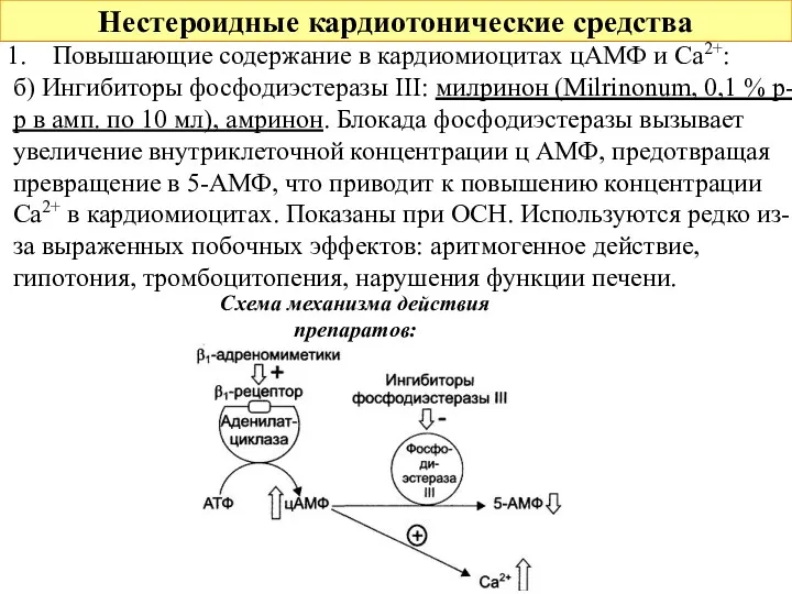 Нестероидные кардиотонические средства Повышающие содержание в кардиомиоцитах цАМФ и Са2+: