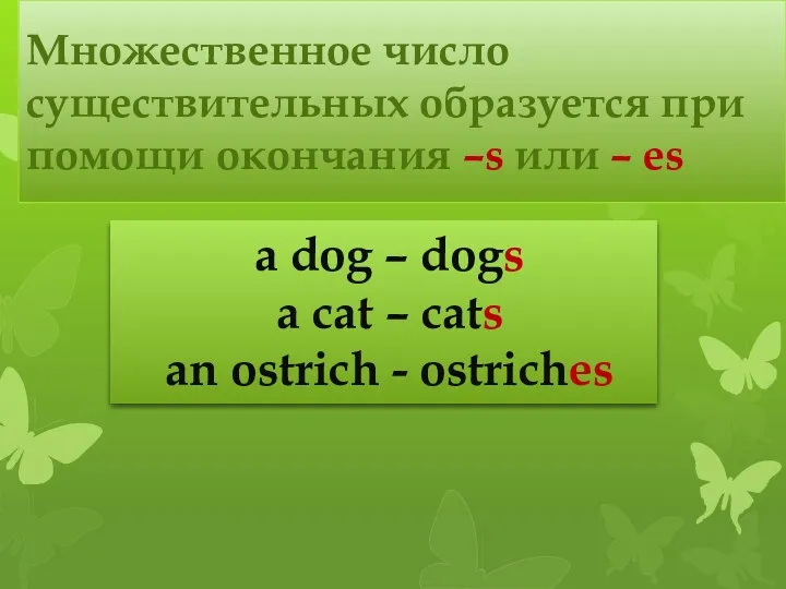 Множественное число существительных образуется при помощи окончания –s или –