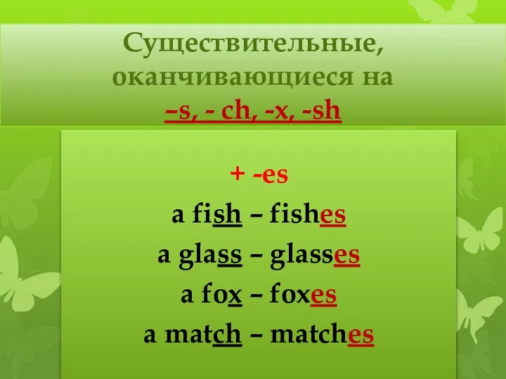 Существительные, оканчивающиеся на –s, - ch, -x, -sh + -es