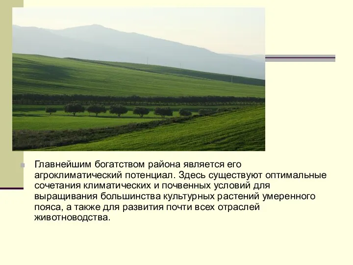 Главнейшим богатством района является его агроклиматический потенциал. Здесь существуют оптимальные