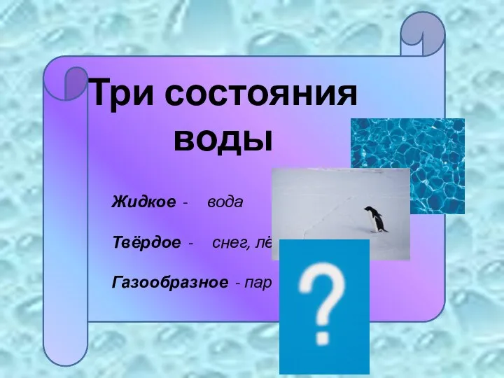 Жидкое - вода Твёрдое - снег, лёд Газообразное - пар Три состояния воды