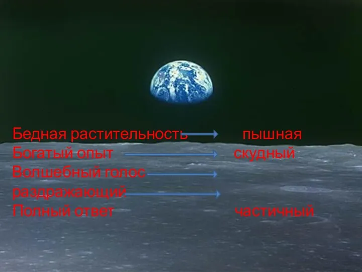 Бедная растительность пышная Богатый опыт скудный Волшебный голос раздражающий Полный ответ частичный