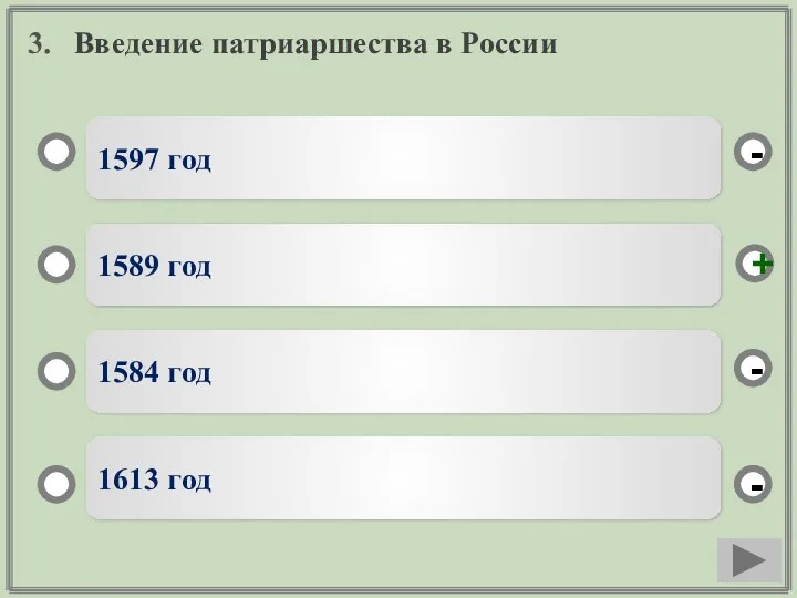 3. Введение патриаршества в России 1597 год 1589 год 1584