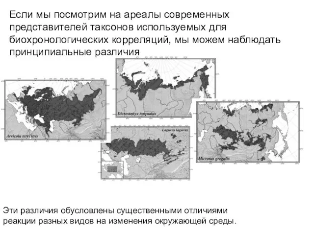 Если мы посмотрим на ареалы современных представителей таксонов используемых для биохронологических корреляций, мы