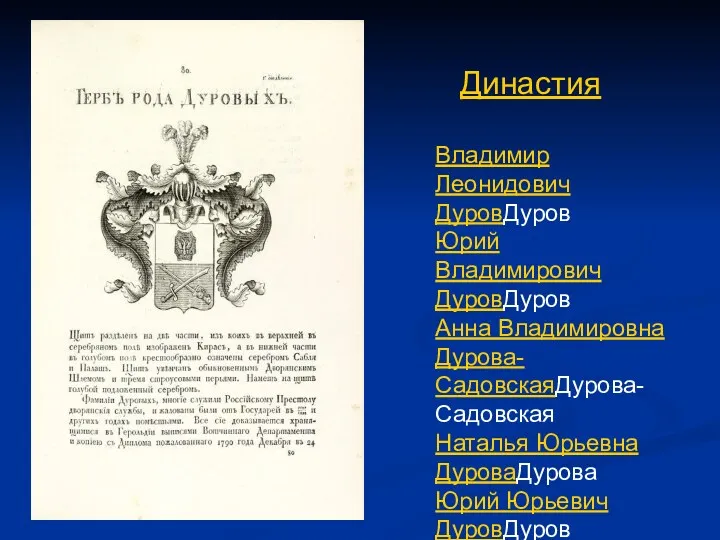 Династия Владимир Леонидович ДуровДуров Юрий Владимирович ДуровДуров Анна Владимировна Дурова-СадовскаяДурова-Садовская