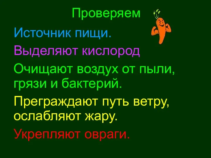 Проверяем Источник пищи. Выделяют кислород Очищают воздух от пыли, грязи