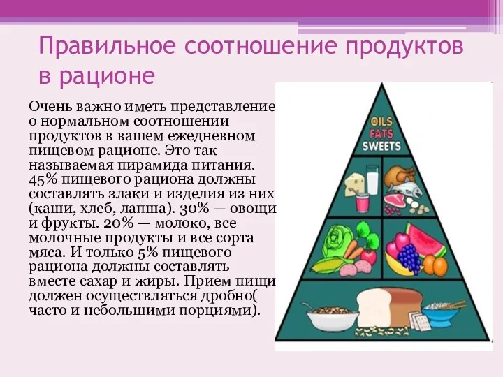 Правильное соотношение продуктов в рационе Очень важно иметь представление о