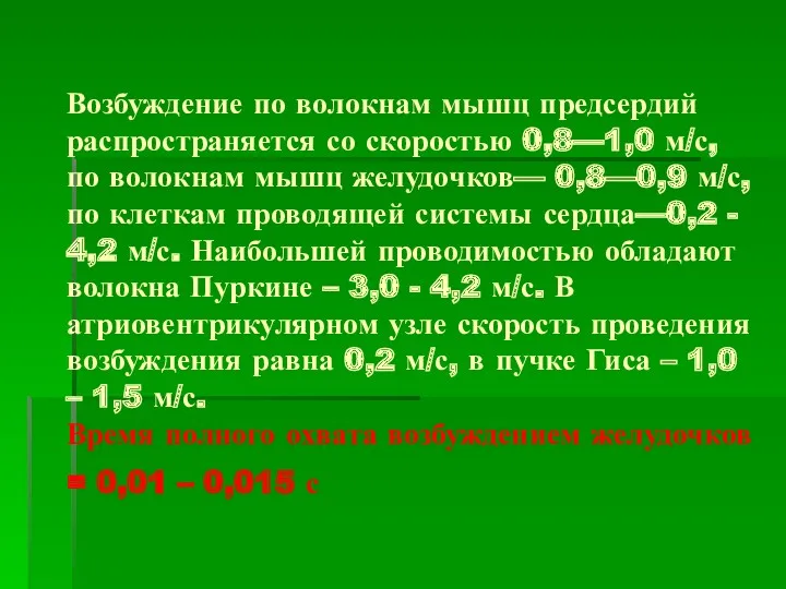 Возбуждение по волокнам мышц предсердий распространяется со скоростью 0,8—1,0 м/с,