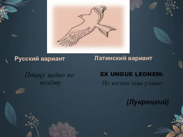 Русский вариант Птицу видно по полёту Латинский вариант EX UNGUE LEONEM: По когтям льва узнают (Лукрецкий)