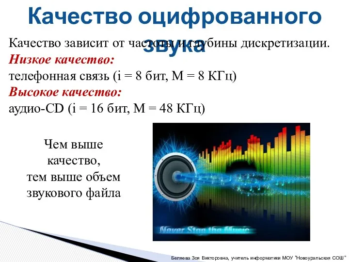 Качество оцифрованного звука Качество зависит от частоты и глубины дискретизации.