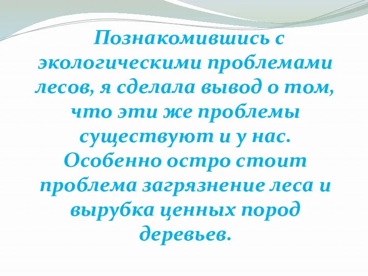 Познакомившись с экологическими проблемами лесов, я сделала вывод о том,