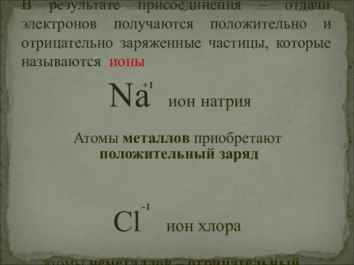 +1 Na ион натрия Атомы металлов приобретают положительный заряд -1