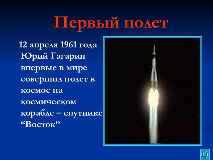Первый полет 12 апреля 1961 года Юрий Гагарин впервые в мире совершил полет