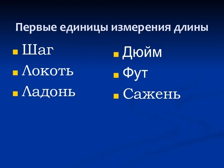 Первые единицы измерения длины Шаг Локоть Ладонь Дюйм Фут Сажень