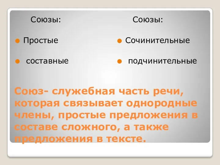 Союз- служебная часть речи, которая связывает однородные члены, простые предложения