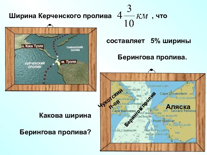 Ширина Керченского пролива , что составляет 5% ширины Берингова пролива. Берингов пролив Аляска