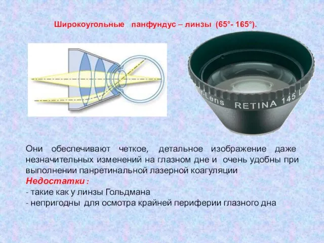 Широкоугольные панфундус – линзы (65°- 165°). Они обеспечивают четкое, детальное