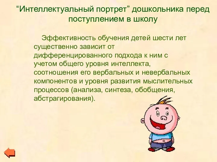 “Интеллектуальный портрет” дошкольника перед поступлением в школу Эффективность обучения детей