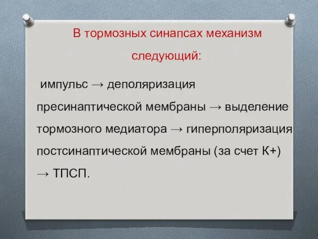 В тормозных синапсах механизм следующий: импульс → деполяризация пресинаптической мембраны