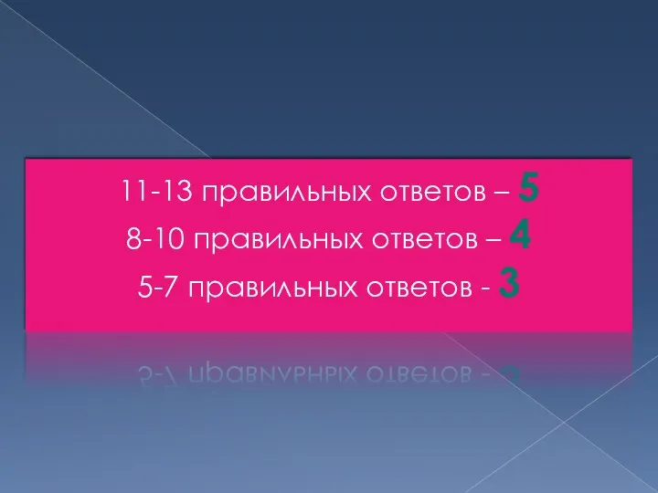 11-13 правильных ответов – 5 8-10 правильных ответов – 4 5-7 правильных ответов - 3