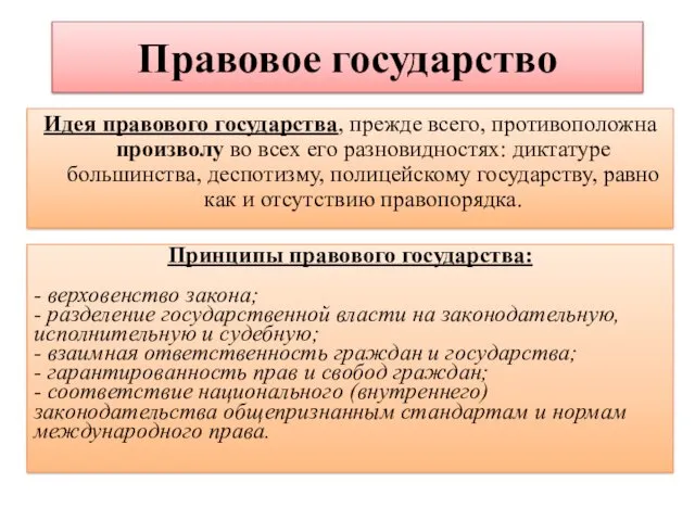 Правовое государство Идея правового государства, прежде всего, противоположна произволу во