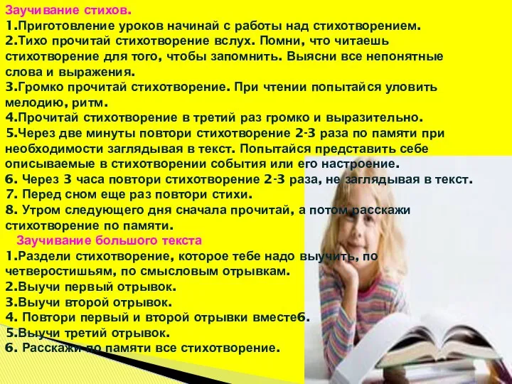 Заучивание стихов. 1.Приготовление уроков начинай с работы над стихотворением. 2.Тихо