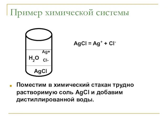 Пример химической системы Поместим в химический стакан трудно растворимую соль