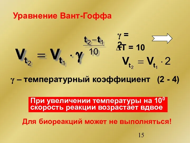 Уравнение Вант-Гоффа – температурный коэффициент (2 - 4) γ =