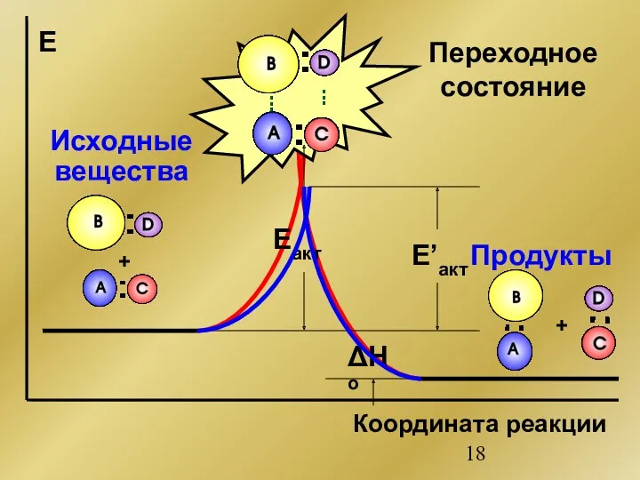 + + ΔHo Eакт Е Координата реакции Продукты Исходные вещества Переходное состояние E’акт