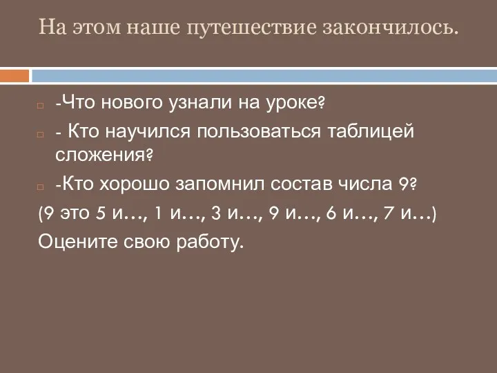 На этом наше путешествие закончилось. -Что нового узнали на уроке?