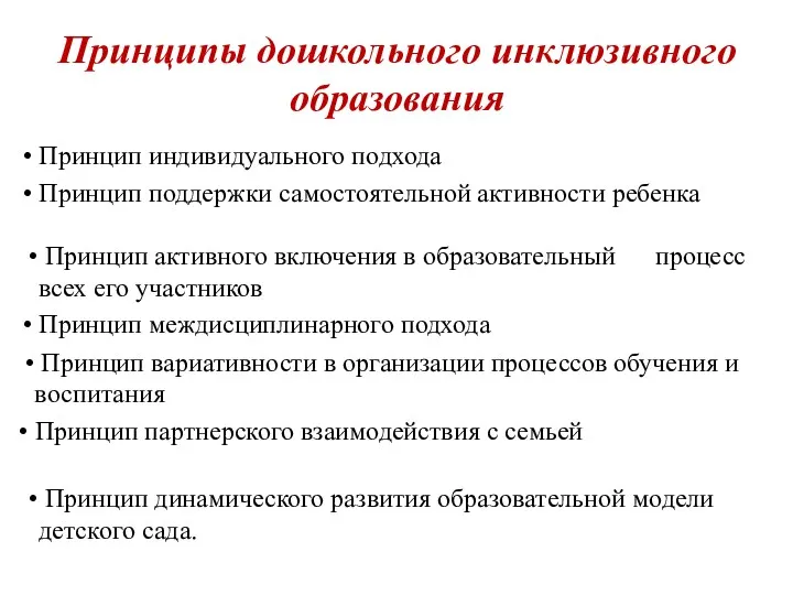 Принципы дошкольного инклюзивного образования Принцип индивидуального подхода Принцип поддержки самостоятельной