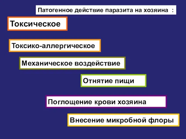 Патогенное действие паразита на хозяина : Токсическое Токсико-аллергическое Механическое воздействие