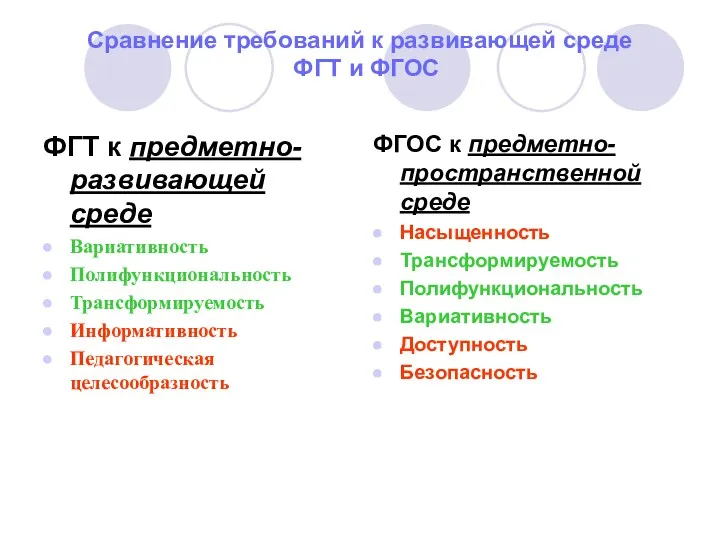 Сравнение требований к развивающей среде ФГТ и ФГОС ФГТ к предметно-развивающей среде Вариативность