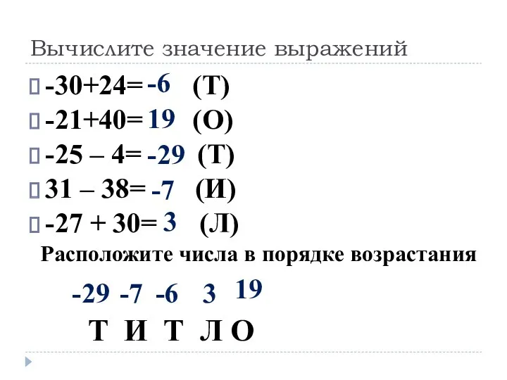 Вычислите значение выражений -30+24= (Т) -21+40= (О) -25 – 4=