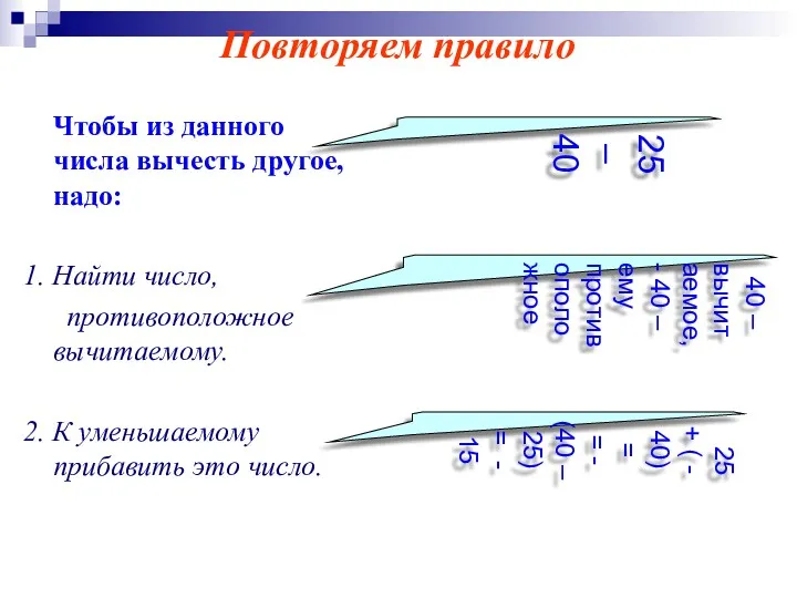 Чтобы из данного числа вычесть другое, надо: 1. Найти число,