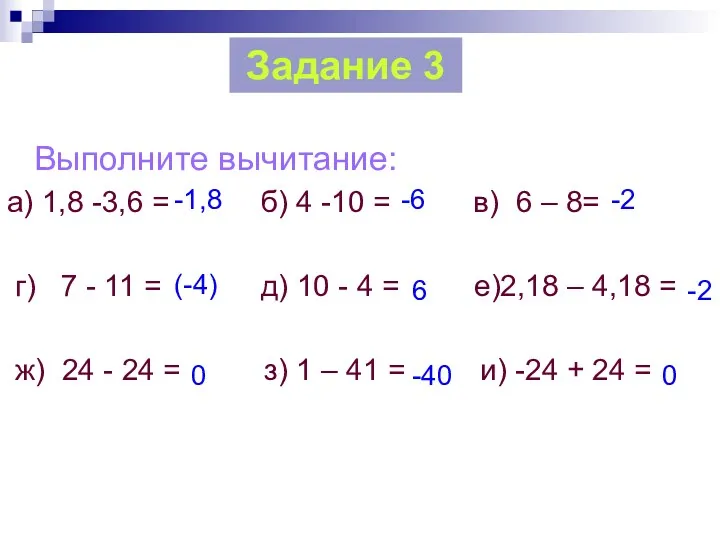 Выполните вычитание: а) 1,8 -3,6 = б) 4 -10 =