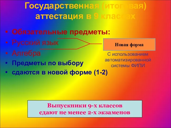 Государственная (итоговая) аттестация в 9 классах Обязательные предметы: Русский язык