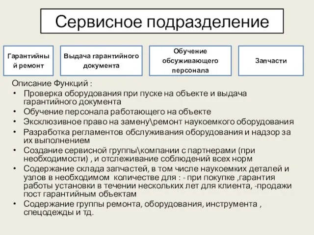 Сервисное подразделение Описание Функций : Проверка оборудования при пуске на